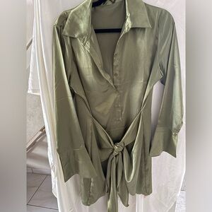 Satin Tie-Front Button-Up Blouse - Olive Green